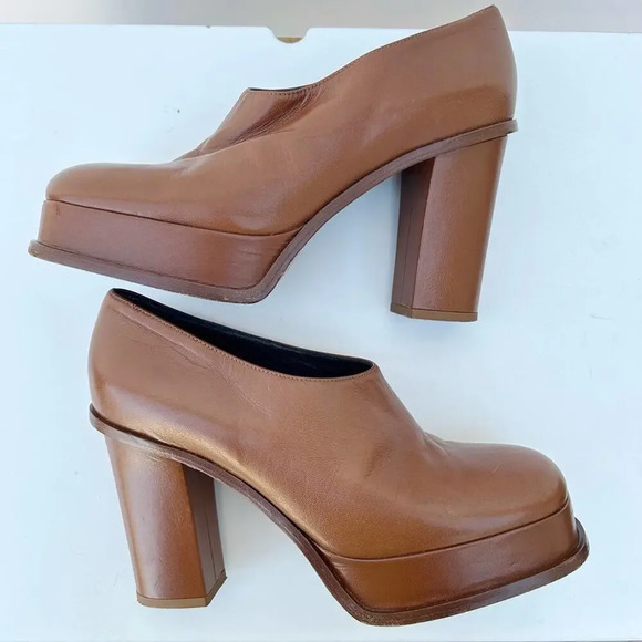 Celine Platform Oxford Loafer Pumps Caramel Square Toe Chunky Block Heels Size 7 - Picture 1 of 14